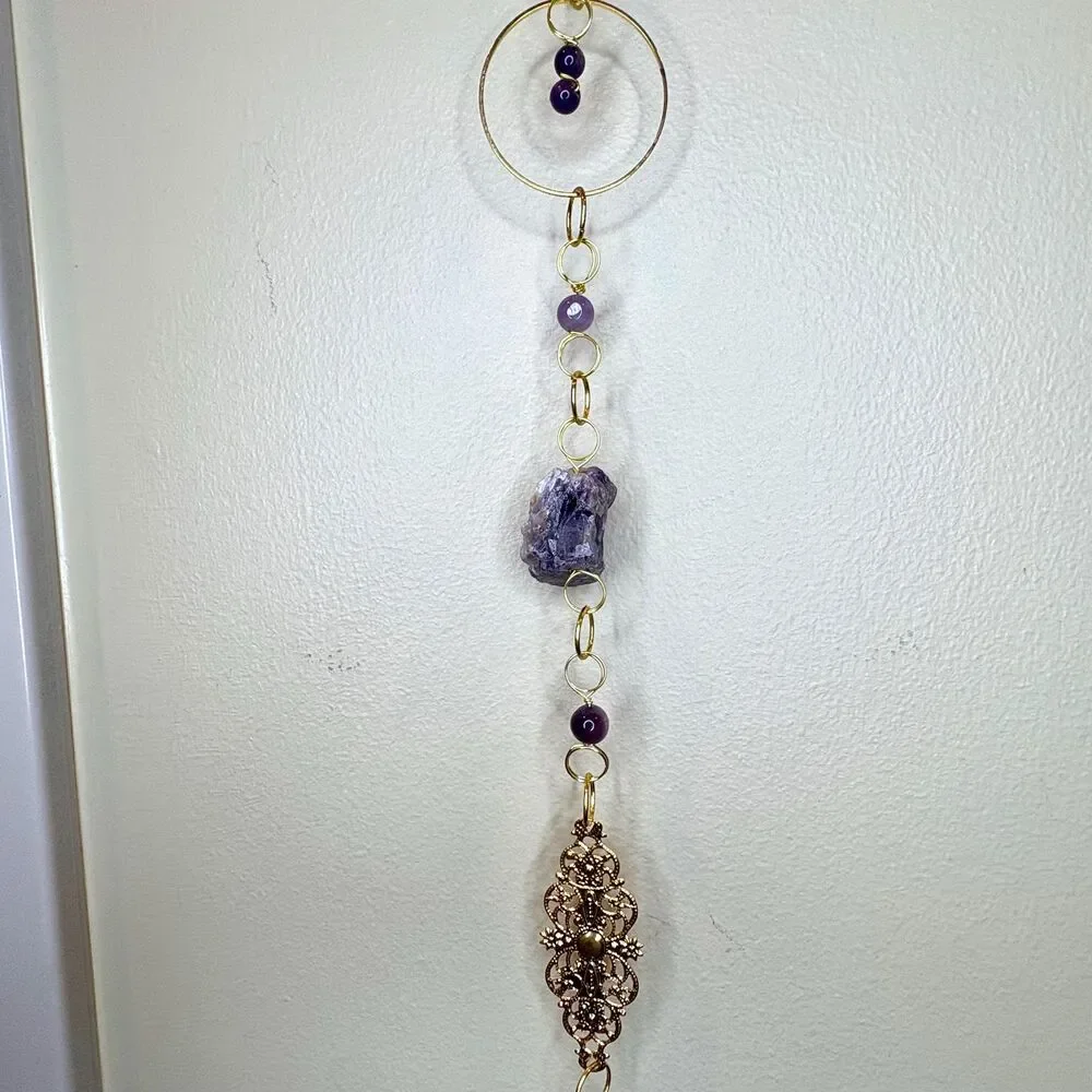 Raw Amethyst and Amethyst Bead Gemstone Wall Hanging Gold Filigree